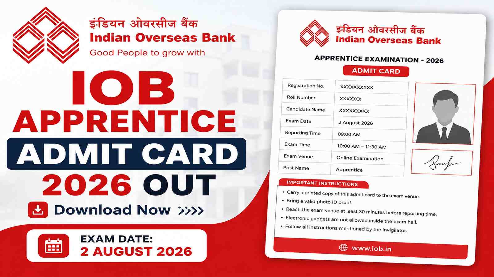 IOB Apprentice Admit Card 2026 Out Download Hall Ticket & Check Exam Date
